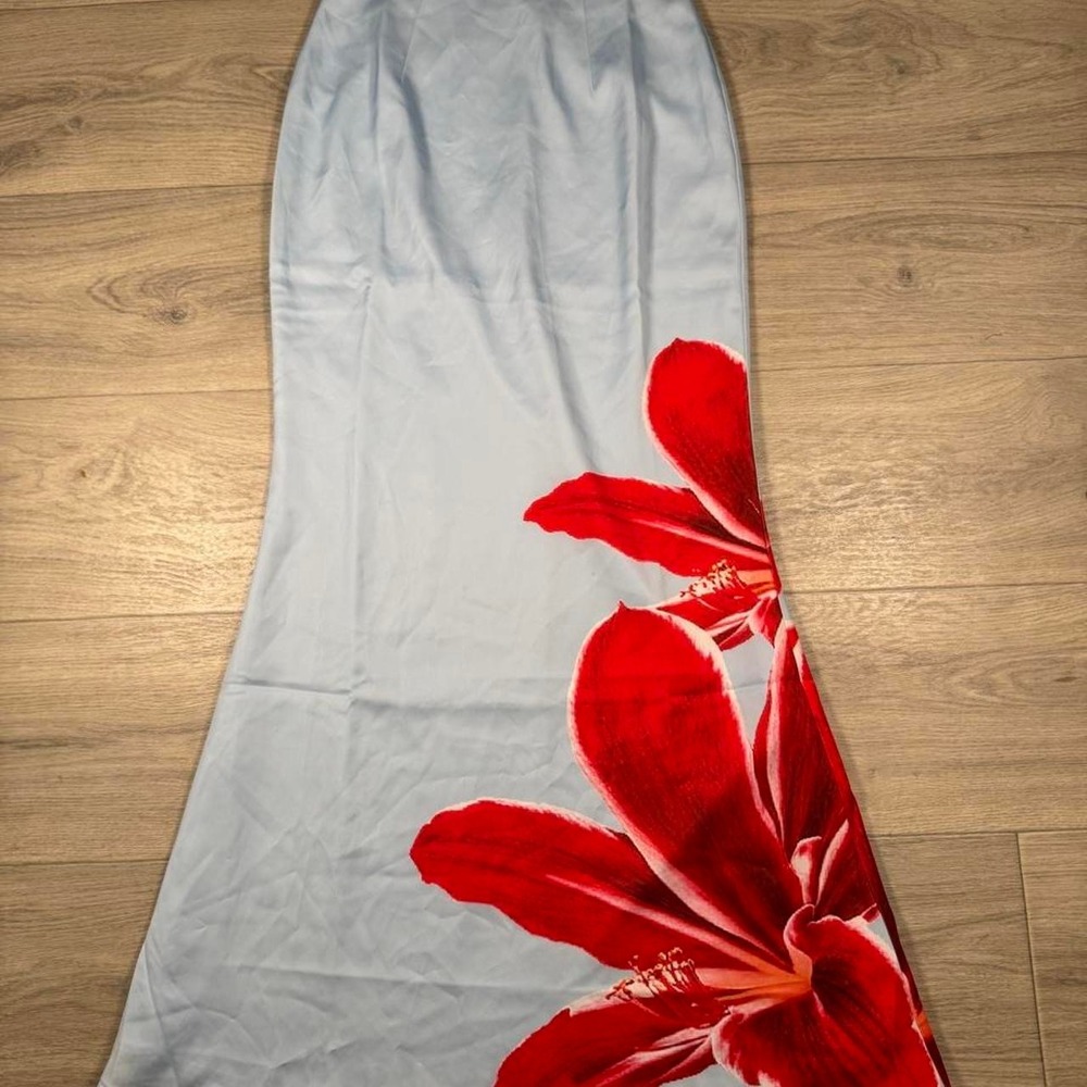 Fashion Nova Blue Satin Floral Maxi Skirt Red Flower Print XS